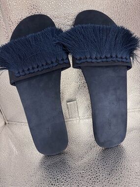 SCHUTZ Navy Suede Fringe Slide Sandals